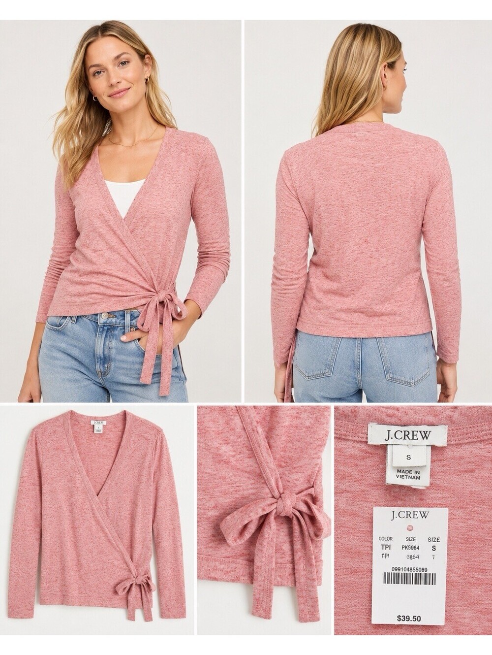 J Crew Womens Small Pink Heathered Wrap Top Side Tie Long Sleeve Knit V-Neck NWT